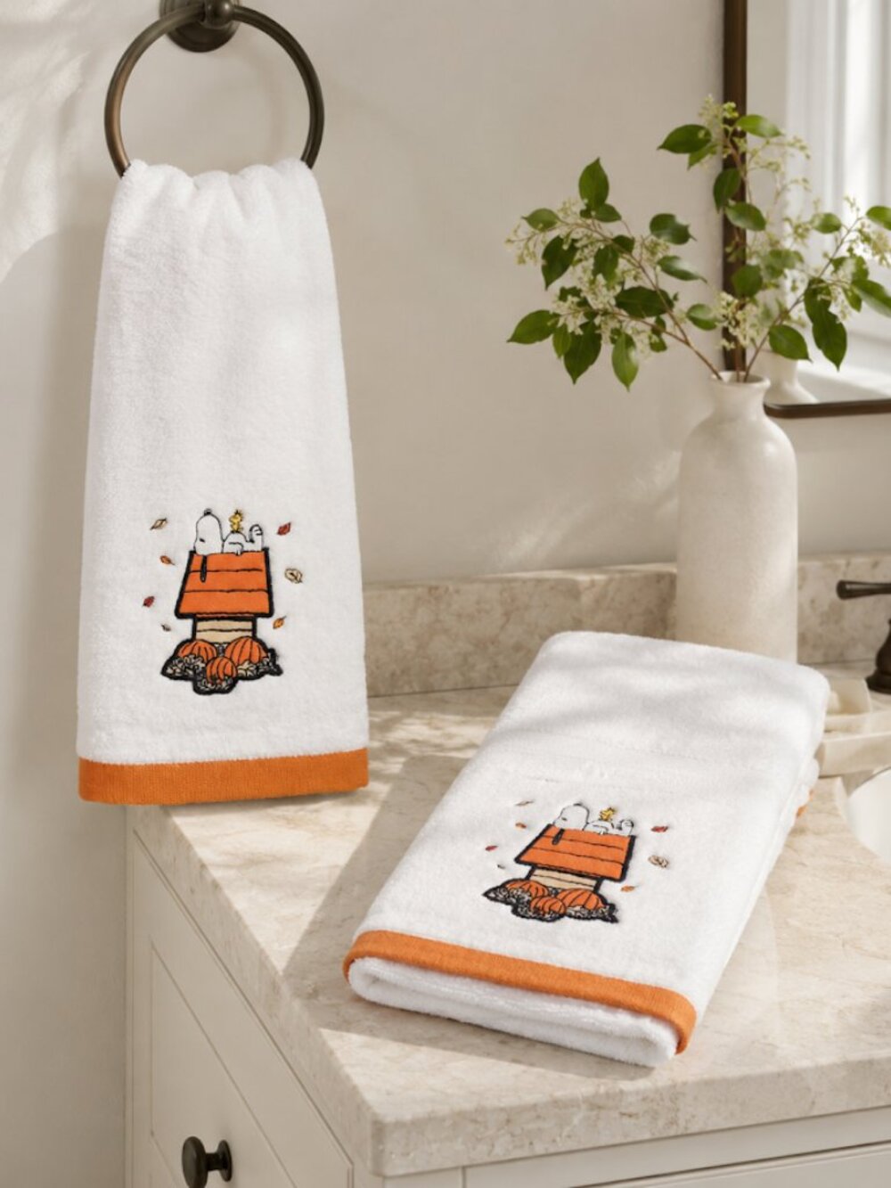 Peanuts White and Orange Towel with Snoopy and Pumpkins